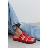 NİŞANTAŞI SHOES Spirit Kırmızı Mat Kemer Toka Detaylı Düz Taban Kadın Terlik