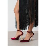 NİŞANTAŞI SHOES Vibe Bordo Kadife Bilek Bağlı Kadın Altın Galvaniz Topuklu Ayakkabı