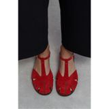 NİŞANTAŞI SHOES Wood Kırmızı Süet Deri Nakış Desenli Detay Düz Taban Kadın Sandalet