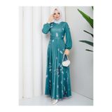 nisanurfashion Dijital Baskılı Buğday Desenli Mint Yeşili Pliseli Elbise