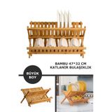 Nishev 2 Katlı Bambu Katlanabilir Tabaklık Bulaşıklık Büyük Boy Mutfak Bulaşık Kurutma Rafı 47x32 Cm