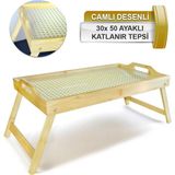 Nishev Camlı Desenli Katlanır Ayaklı Bambu Tepsi - Yatak Keyif Tepsisi Portatif Tepsi