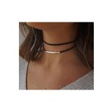 Nishstyle Gümüş Renk Boru Detaylı Ikili Birleşik Siyah Güderi Choker Kolye
