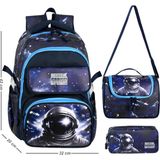 Niss Store Deri Baskılı Cool Astronot Erkek Okul Çantası Termal Beslenme Çantası ve Deri Kalemlik 3 Lü Set - Çok Renkli