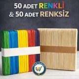 Nistabolje Geniş Dil Çubuğu Abeslang 50 Renkli 50 Renksiz Ahşap Hobi ve Okul Aktiviteleri İçin