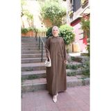 Nisum Moda Önü Nakışlı Cepli Keten Elbise - Kahverengi - 1