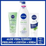 NIVEA Aloe Vera El Bakım Kremi 75ml, Yoğun Nemlendirici Vücut Losyon 400ml, Arındırıcı Pirinç Peeling 75ml - Nivea Aloe Vera Pump Losyon 400 ml + Yatıştırıcı Bakım El Kremi 75ML - Aloe Vera +Aloe Vera Dudak Peelingi