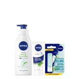 NIVEA Aloe Vera Vücut Losyonu, Normal/Kuru Ciltler için 400ml ve NIVEA Yatıştırıcı El Kremi, Aloe Vera, Jojoba Yağı,Kuru Ciltler için, Nemlendirici El Kremi 75ml ve NIVEA Aloe Vera Dudak Kremi 4,8gr