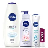 Nıvea Banyo Seti,Cream Soft Duş Jeli 750 Ml,Fresh Natural Kadın Deodorant 150 Ml,Vücut Losyonu 400 Ml,Böğürtlen Dudak Bakım Kremi Ve Banyo Ter