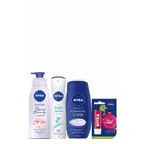 NIVEA Banyo Seti,Cream Soft Duş Jeli 750 ml,Fresh Natural Kadın Deodorant 150 ml,Vücut Losyonu 400 ml,Böğürtlen Dudak Bakım Kremi ve Banyo Terliği Hediye!