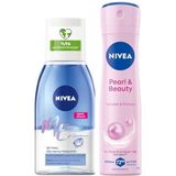NIVEA Çift Fazlı Göz Makyaj Temizleme Suyu 125ml ve Kadın Sprey Deodorant Pearl&Beauty 150ml, 72 Saat Anti-perspirant Koruma