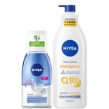 NIVEA Çift Fazlı Göz Makyaj Temizleme Suyu 125ml ve Q10 Sıkılaştırıcı Nemlendirici Vücut Losyonu 400ml, C Vitamini, Kolajen Tetikleyici, Biotin, Suya Dayanıklı Makyaj