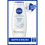 NIVEA Creme Soft Banyo Duş Jeli 750ml, C ve E Vitamini, Badem Yağı, Nemlendirici, Pamuk Hediyeli