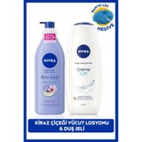 NIVEA Creme Soft Duş Jeli 500ml ve Kiraz Çiçeği Nemlendirici Vücut Bakım Losyonu 400ml, Banyo Lifi Hediye