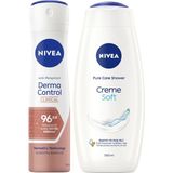 NIVEA Creme Soft Kremsi Dokunuş Banyo ve Duş Jeli 500 ml, Pro-Vitamin,Badem Yağı, Nemlendirme + NIVEA Derma Control Clinical Kadın Sprey Deodorant 150ml