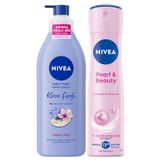 NIVEA Değerli Yağlar İçeren Vücut Losyonu Kiraz Çiçeği & Jojoba Yağı, 400 ml + NIVEA Kadın Sprey Deodorant Pearl&Beauty 150 ml