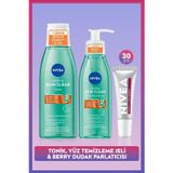Nivea Derma Skin Clear 7 Günde Sivilce Karşıtı Tonik, Yüz Temizleme Jeli ve Berry Renkli Dudak Parlatıcı