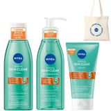 NIVEA Derma Skin Clear Sivilce Karşıtı Yüz Temizleme Jeli 150ml, Nemlendirici Tonik 200ml ve Peeling 150ml, Yağlı Cilt, Bez Çanta Hediyeli