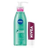NIVEA Derma Skin Clear Sivilce Karşıtı Yüz Temizleme Jeli 150ml,Salisilik Asit,Nisaniamid ve Böğürtlen Dudak Bakım Kremi ve Parlatıcısı 4.8gr, Nemlendirici, Hafif Bordo Işıltı