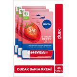 NIVEA Dudak Bakım Kremi Ve Dudak Parlatıcı 4.8Gr, Çilek Kokusu, 24 Saat Nem, Hafif Kırmızı Işıltı, X3 Adet