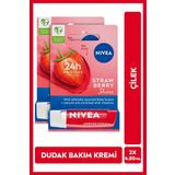 Nivea Dudak Bakım Kremi Ve Dudak Parlatıcı 4.8Gr, Çilek Kokusu, Nemlendirici, Hafif Kırmızı Işıltı, X2Adet