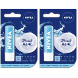 NIVEA Hydro Care Dudak Bakım Kremi, 24 Saat Nem, Aloe Vera, Saf Su ve Doğal Yağlar, SPF 15, Gün Boyu Dudak Bakımı (4,8g) (2 paketi)