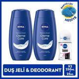 Nıvea Kadın Roll-On Deodorant Black&white Invisible Clear 25ML ve Creme Care Duş Jeli X2 Adet, Lif Hediye, 72 Saat Anti-Perspirant Ter Koruması, Avantajlı Paket - 500 ml