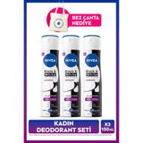 NIVEA Kadın Sprey Deodorant Black & White Invisible Authentic 150ml, Terleme Karşıtı, X3 Adet, Çanta Hediye