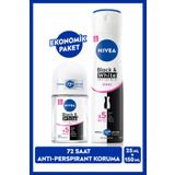 Nıvea Kadın Sprey Deodorant Black&White Clear 150Ml Ve Mini Roll-On 25Ml, 72 Saat Anti-Perspirant Koruma