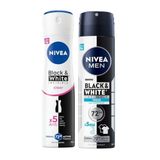 NIVEA Kadın Sprey Deodorant Black&White Invisible Clear 150 ml, MEN Erkek Sprey Deodorant Black&White Fresh150 ml,2'li Paket