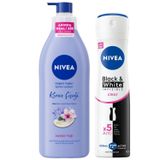 NIVEA Kadın Sprey Deodorant Black&White Invisible Clear 150 ml+ NIVEA Değerli Yağlar İçeren Vücut Losyonu Kiraz Çiçeği & Jojoba Yağı, 400 ml