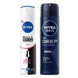 NIVEA Kadın Sprey Deodorant Black&White Invisible Clear 150 ml + NIVEA MEN Erkek Sprey Deodorant Deep Dimension Darkwood 150ml
