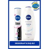 NIVEA Kadın Sprey Deodorant Black&White Invisible Clear 150ml ve Creme Soft Duş Jeli 750ml, Lif Hediyeli