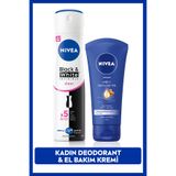 NIVEA Kadın Sprey Deodorant Black&White Invisible Clear150ml ve Yoğun Besleyici Nemlendirici El Kremi 75ml