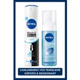 NIVEA Kadın Sprey Deodorant Black&White Invisible Pure 150ml ve Canlandırıcı Yüz Temizleme Köpüğü 150ml