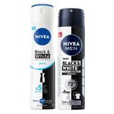 NIVEA Kadın Sprey Deodorant Black&White Invisible Pure 72 Saat Anti-Perspirant Koruma, 150 ml + NIVEA MEN Erkek Sprey Deodorant Black&White Invisible Original 150 ml