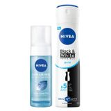 NIVEA Kadın Sprey Deodorant Black&White Invisible Pure 72 Saat Anti-Perspirant Koruma, 150 ml + NIVEA Yüz Yıkama Köpüğü Canlandırıcı, Normal Ciltler 150 ml