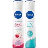 NIVEA Kadın Sprey Deodorant Cherry Fresh 150 ml, 48 Saat Anti-perspirant Koruma ve NIVEA Kadın Sprey Deodorant Dry Fresh, 48 Saat Anti-Perspirant Koruma (150 ml)
