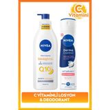 NIVEA Kadın Sprey Deodorant Derma Control Natural Tone 150ml ve Q10 Sıkılaştırıcı Losyon 400ml, C Vitamini
