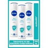 NIVEA Kadın Sprey Deodorant Dry Active 150ml, 72 Saat Terleme ve Ter Kokusu Karşıtı, Alkolsüz, X3 Adet