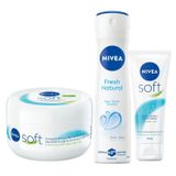 NIVEA Kadın Sprey Deodorant Fresh Natural 150 ml+ Soft Nemlendirici Bakım Kremi 300 ml + Soft Krem 75 ml