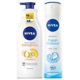 Nivea Kadın Sprey Deodorant Fresh Natural 150ml, Q10 Sıkılaştırıcı ve Nemlendirici Vücut Losyonu 400ml