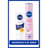NIVEA Kadın Sprey Deodorant Pearl&Beauty 150ml ve Nemlendirici Koruyucu El Bakım Kremi 75ml, Bakım Seti