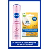 NIVEA Kadın Sprey Deodorant Pearl&Beauty 150ml ve Yüksek Güneş Korumalı Dudak Bakım Kremi, SPF50