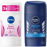 NIVEA Kadın Stick Deodorant Pearl&Beauty,48 Saat Anti-perspirant Koruma 50ml ve NIVEA Men Erkek Stick Deodorant Fresh Active Ter ve Ter Kokusuna Karşı 48 Saat Deodorant Koruması, 50 ml