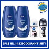 Nıvea Kadın ve Erkek Roll-On Deodorant Black&white 25ML, Creme Care Duş Jeli X2 Adet, Banyo Lifi Hediye, Avantajlı Aile Paketi - 500 ml