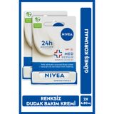 NIVEA Med Repair Renksiz Dudak Kremi, Nemlendirici, SPF15 Güneş Koruması, Kuru ve Çatlak Dudak, X2 Adet