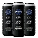 NIVEA Men Active Clean Body Wash with Natural Charcoal for Normal to Oily Skin, 3-in-1 Charcoal Body Wash, Face and Hair, Draws Out Dirt and Impurities, 16.9 Fl Oz Bottle, Pack of 3