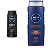 NIVEA Men Deep Dimension Duş Jeli 500 ml, 3'ü 1 Arada Komple Bakım, Vücut, Saç ve Yüz için, Çekici Koku X2 + NIVEA Men Sports Duş Jeli, 500 ml, 3ü 1 Arada Kullanım, Vücut, Yüz ve Saç, 24 Saat Ferahlık