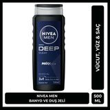 NIVEA MEN Deep Dimension Erkek Duş Jeli 500ml; 3ü1 Arada Vücut; Saç ve Yüz için Pratik Kullanım